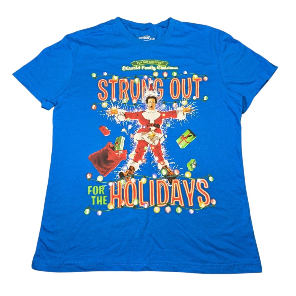 National Lampoon Christmas Vacation Strung Out Griswold Blue T-Shirt Mens Medium
